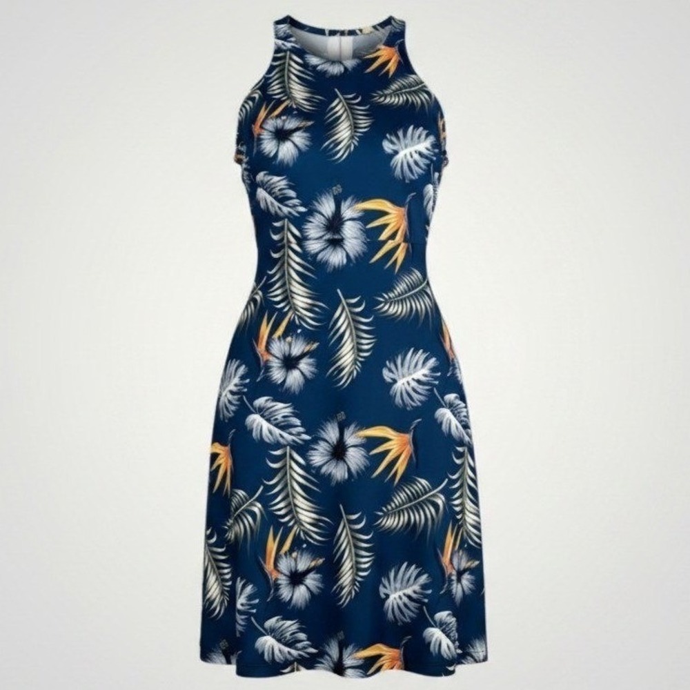 Freedom Trail by Kyodan Dress Women Medium Blue Tropical Floral Travel Comfort